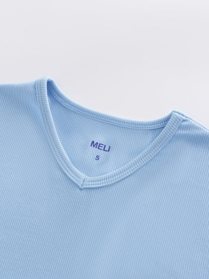 High V Ribbed Tee LS-Soft Blue