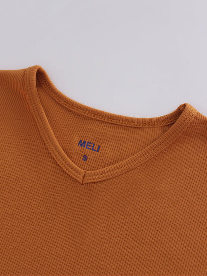 High V Ribbed Tee LS-Cognac