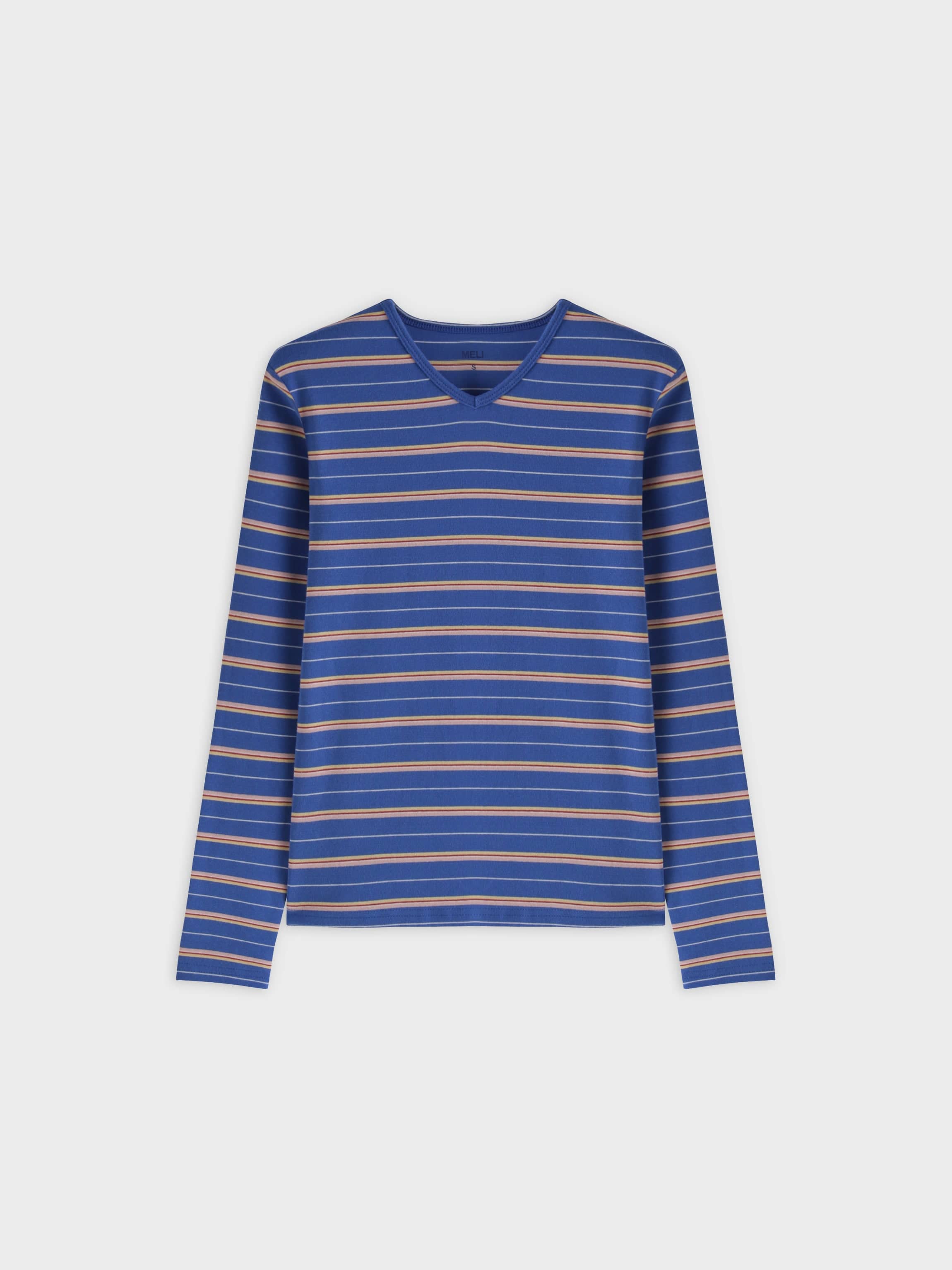 Thin Stripe High V Tee-Blue/Pink/White