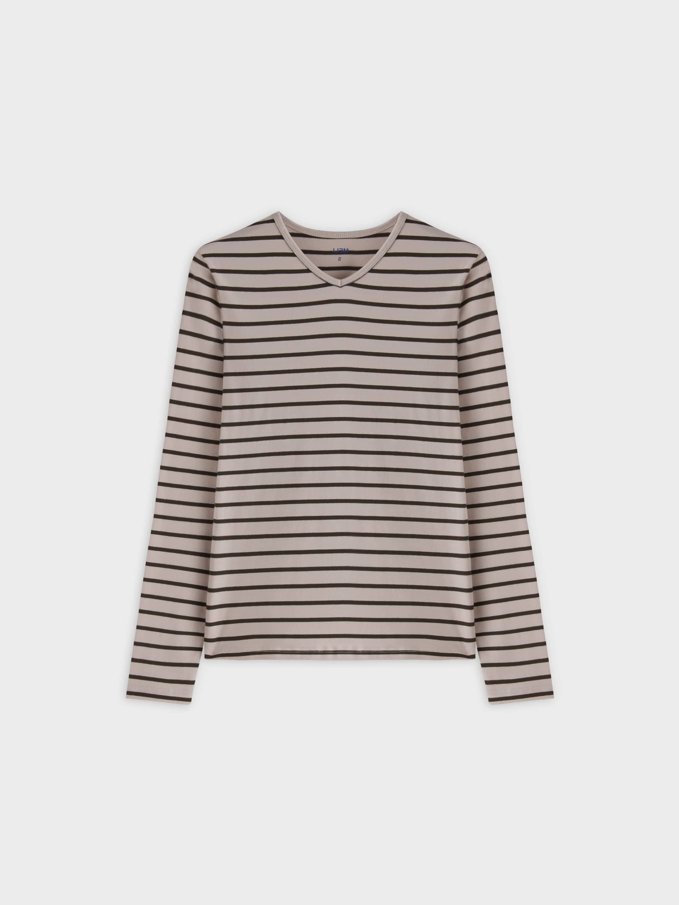 Thin Stripe High V Tee-Cream/Green