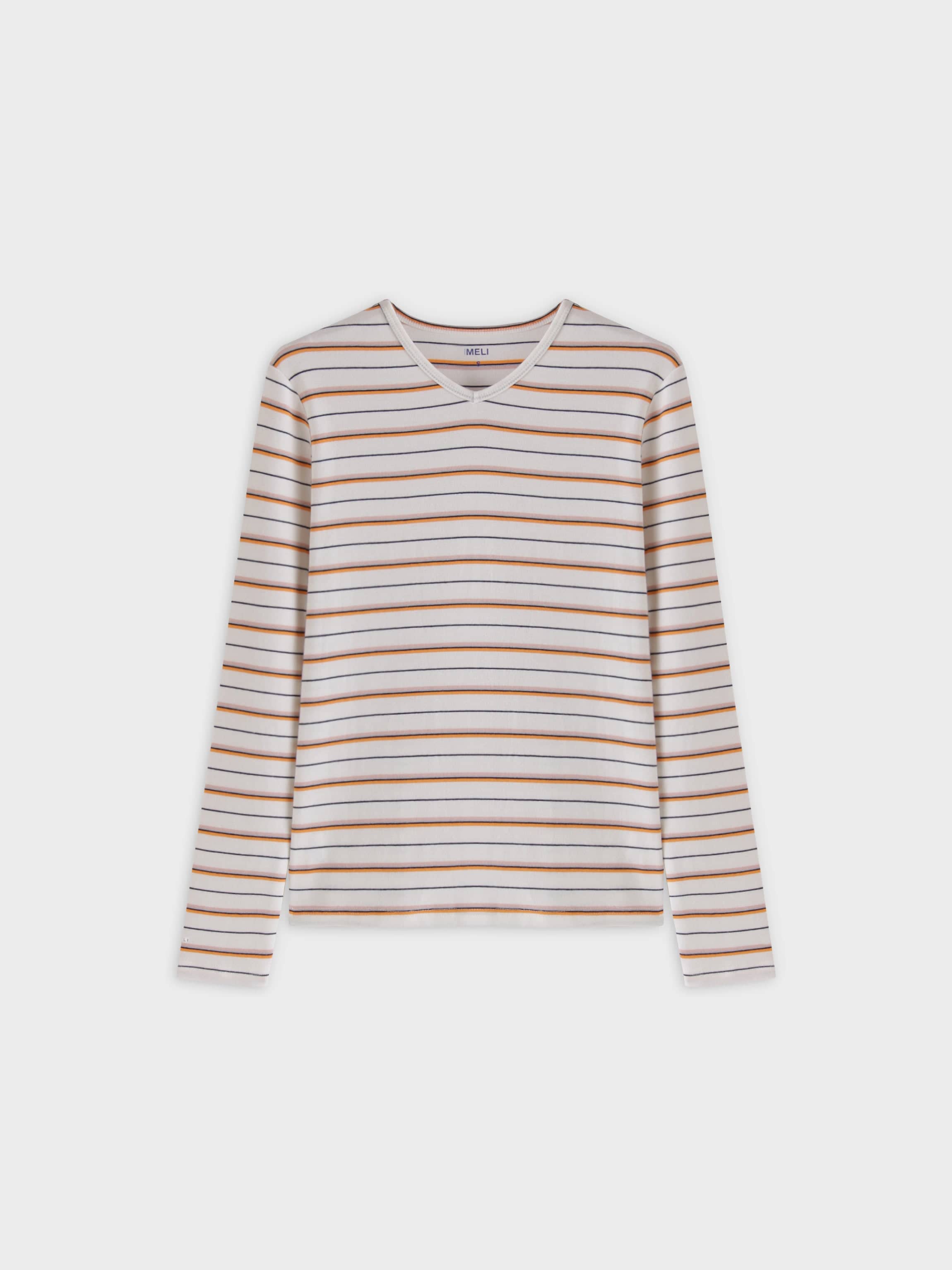 Thin Stripe High V Tee-White/Orange/Pink