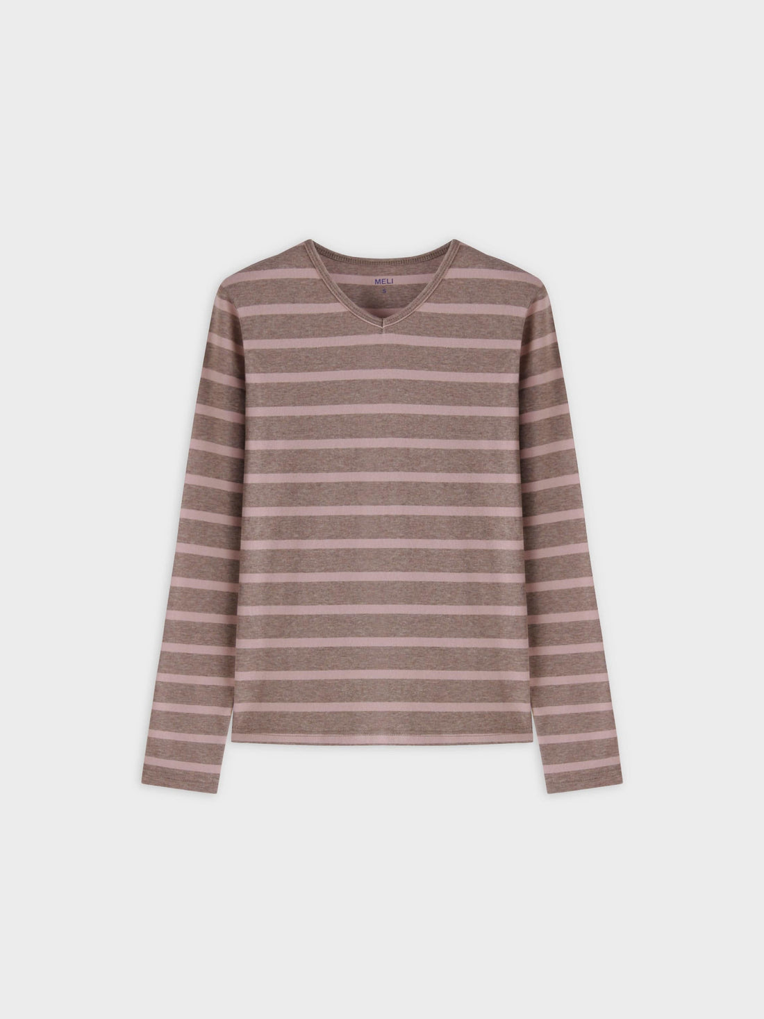 Thin Stripe High V Tee-Heathered Tan/Pink