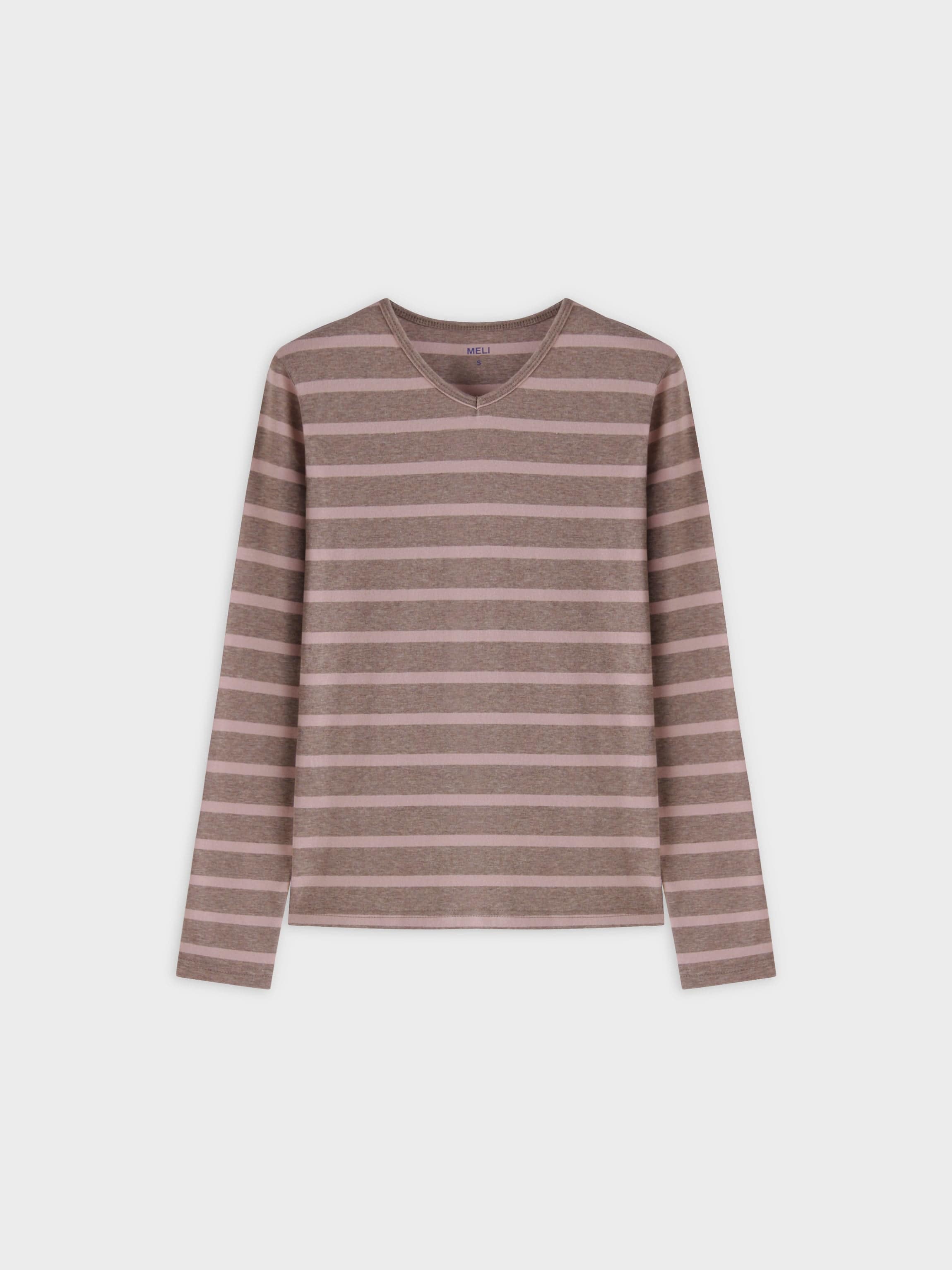 Thin Stripe High V Tee-Heathered Tan/Pink