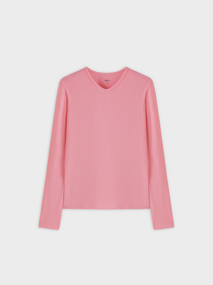 High V Ribbed Tee LS-True Pink