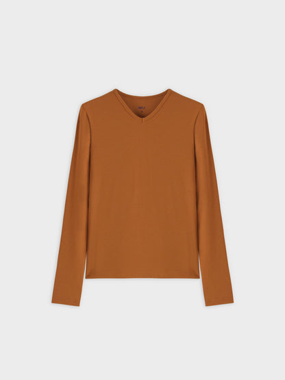 High V Ribbed Tee LS-Cognac