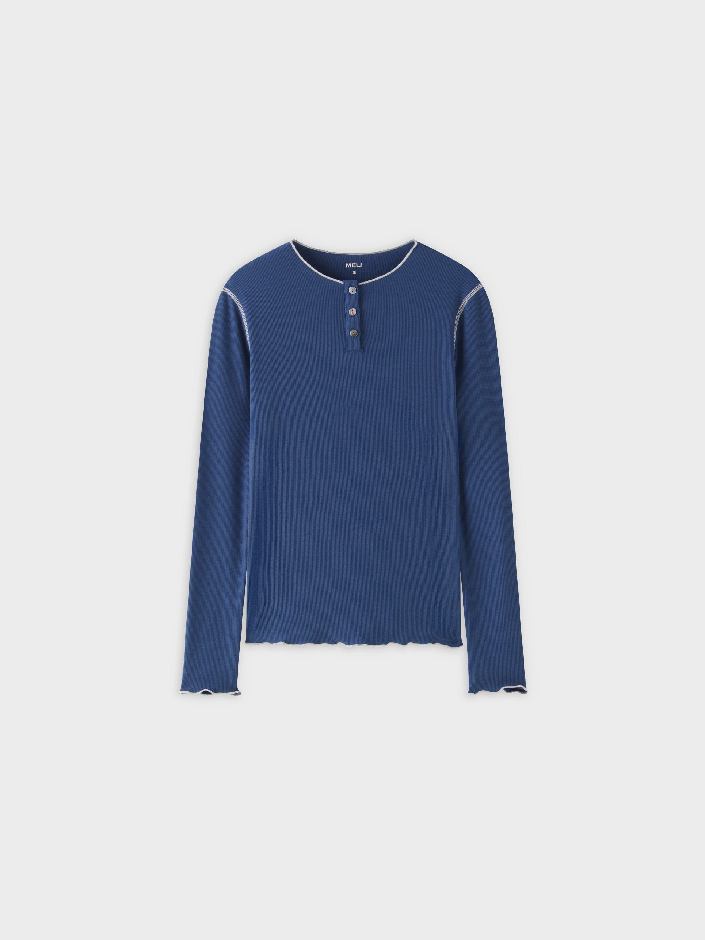 Overlock Stitched Henley-Blue/Ivory