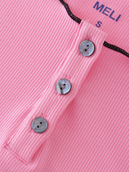 Overlock Stitched Henley-Pink/Black