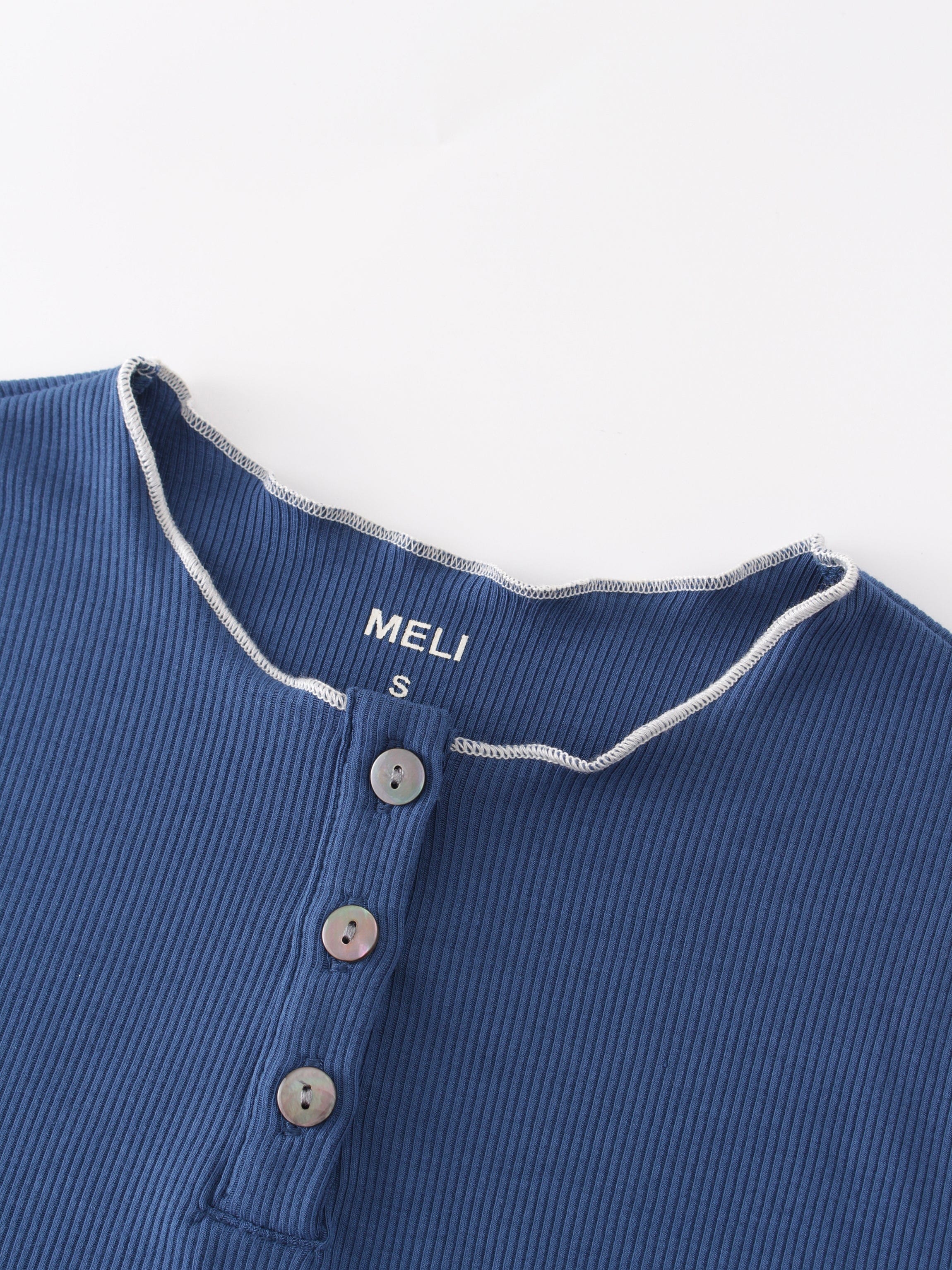 Overlock Stitched Henley-Blue/Ivory