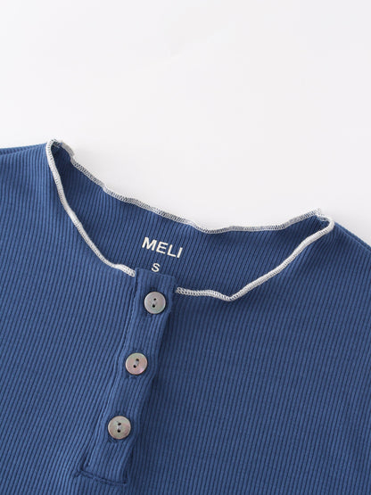 Overlock Stitched Henley-Blue/Ivory