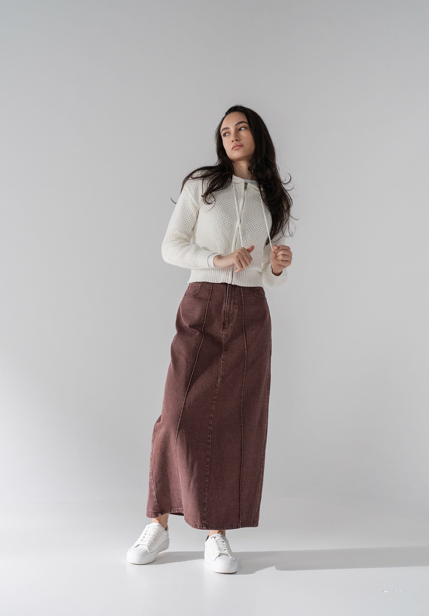 Denim Seamed Skirt-Burgundy