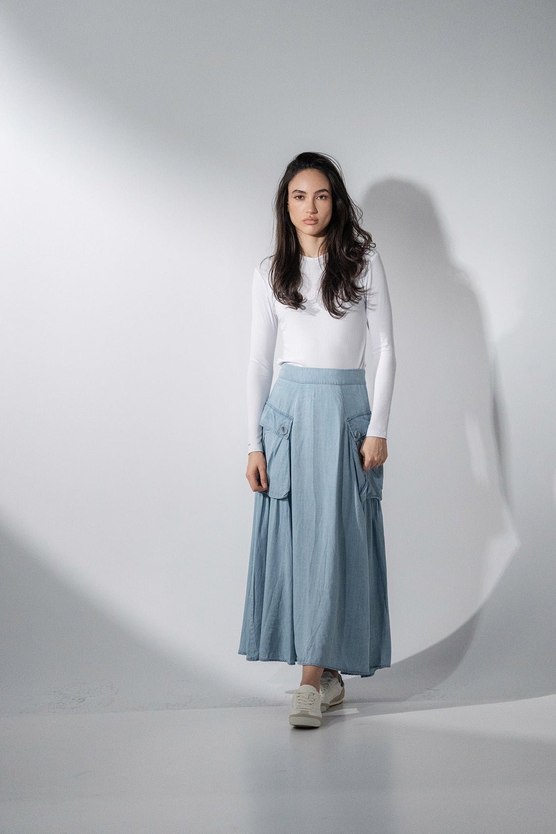 Button Cargo Pocket Skirt-Denim