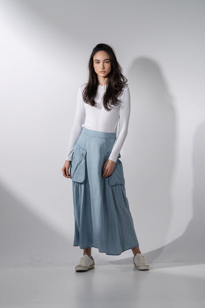 Button Cargo Pocket Skirt-Denim