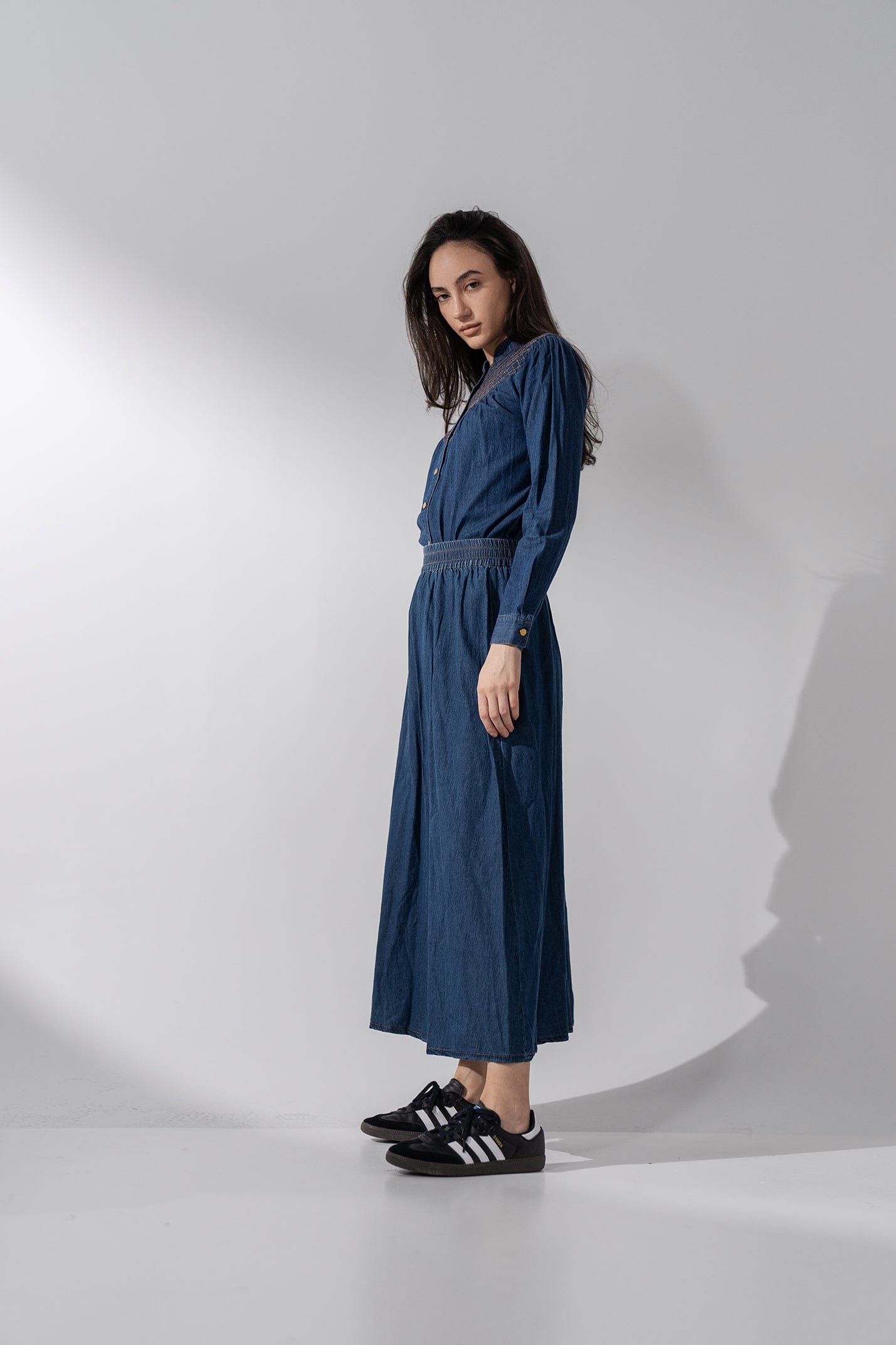 Gathered Waist Denim Skirt-Blue