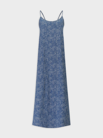 Printed Crew Neck Slip Dress-Denim Brocade