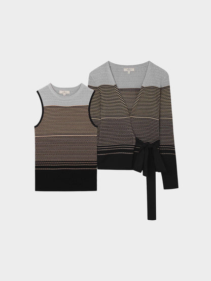 Lurex Stripe Wrap Sweater SET-Gold/Silver/Black