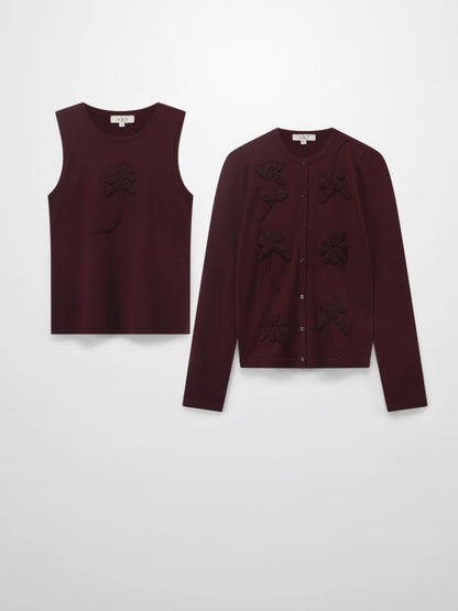 Crochet Puff Flower Sweater Set-Plum