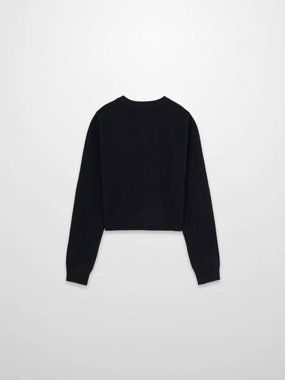 Velvet Detail Pointelle Crew Cardigan-Black/Black
