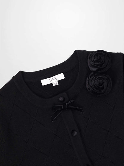 Velvet Detail Pointelle Crew Cardigan-Black/Black