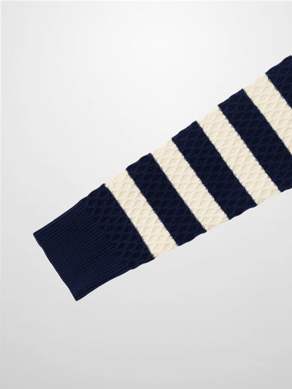 Laced Ruffle Collar Striped Sweater-Navy/Cream