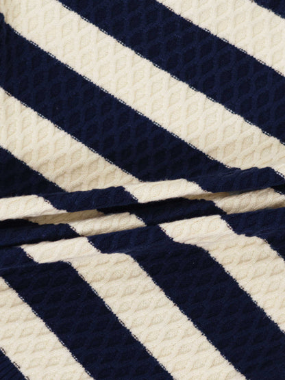 Laced Ruffle Collar Striped Sweater-Navy/Cream