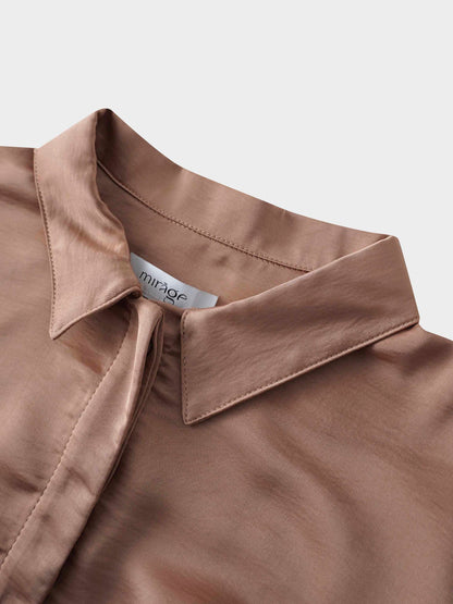 High/Low Faux Satin Crossover Top-Taupe