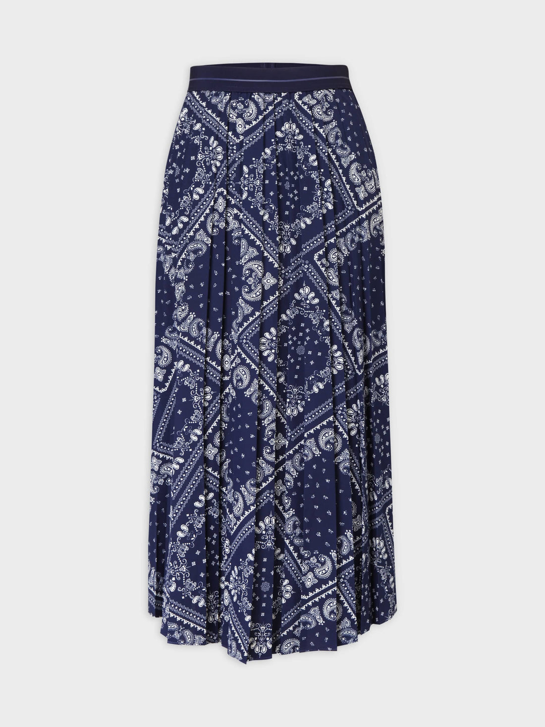 Printed Pleated Skirt 37&quot;-Cream/Navy Paisley