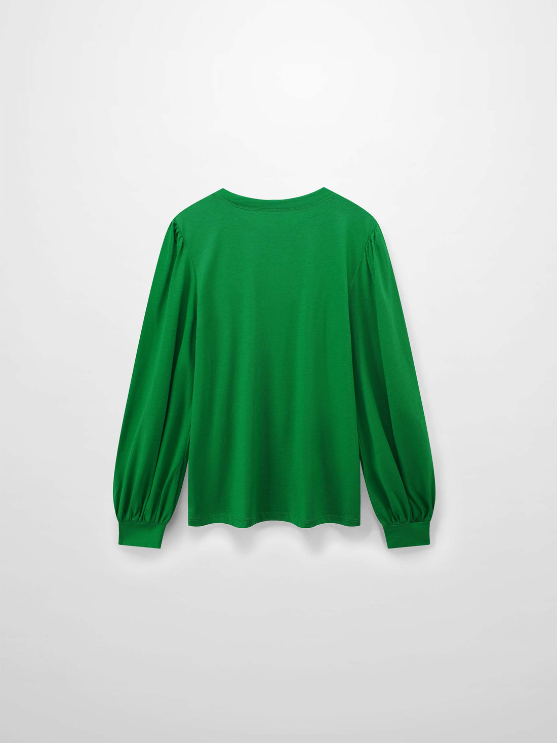 A full, back view of the long-sleeved, vibrant green shirt. The puffed shoulders and voluminous, gathered sleeves are visible from behind.