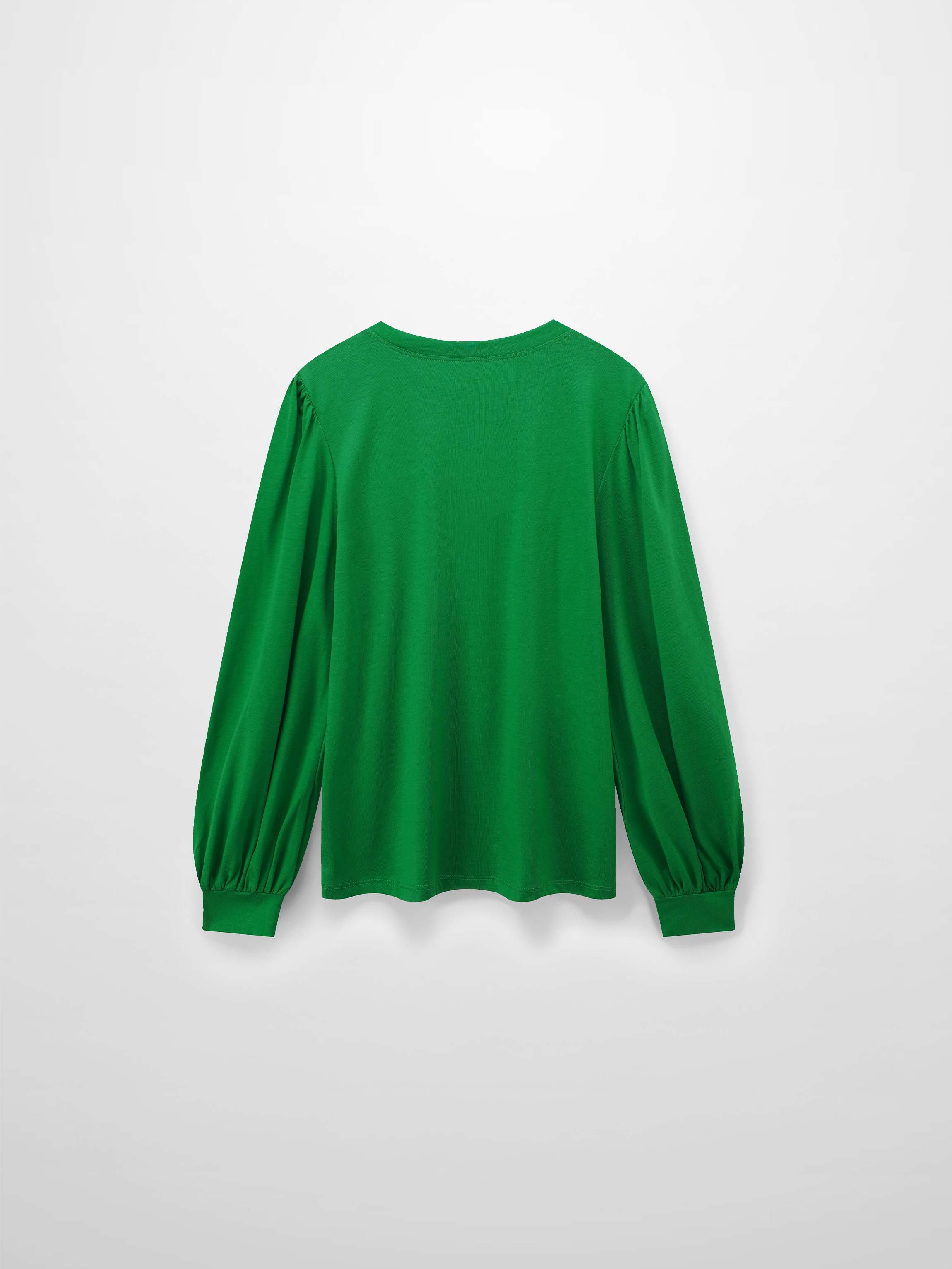 A full, back view of the long-sleeved, vibrant green shirt. The puffed shoulders and voluminous, gathered sleeves are visible from behind.