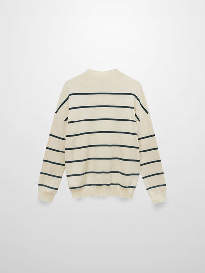 Mock Neck Thin Knit Sweater-Cream/Green