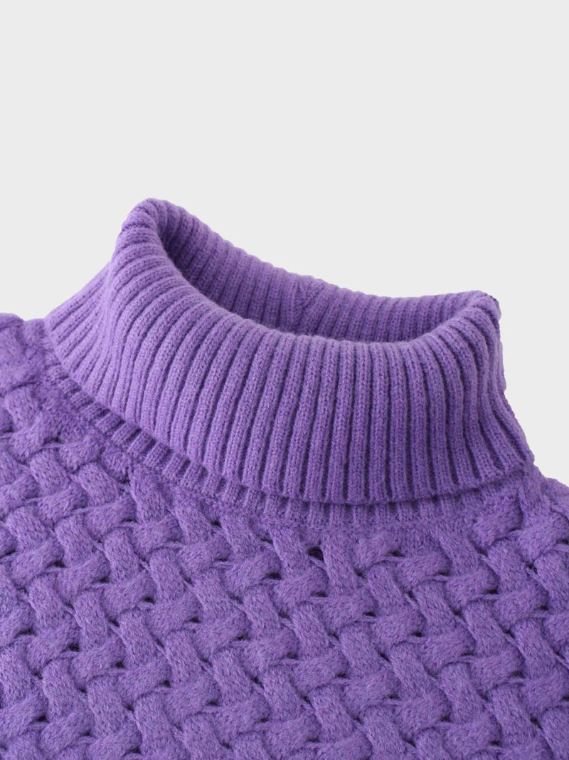Basketweave Turtleneck Sweater-Purple