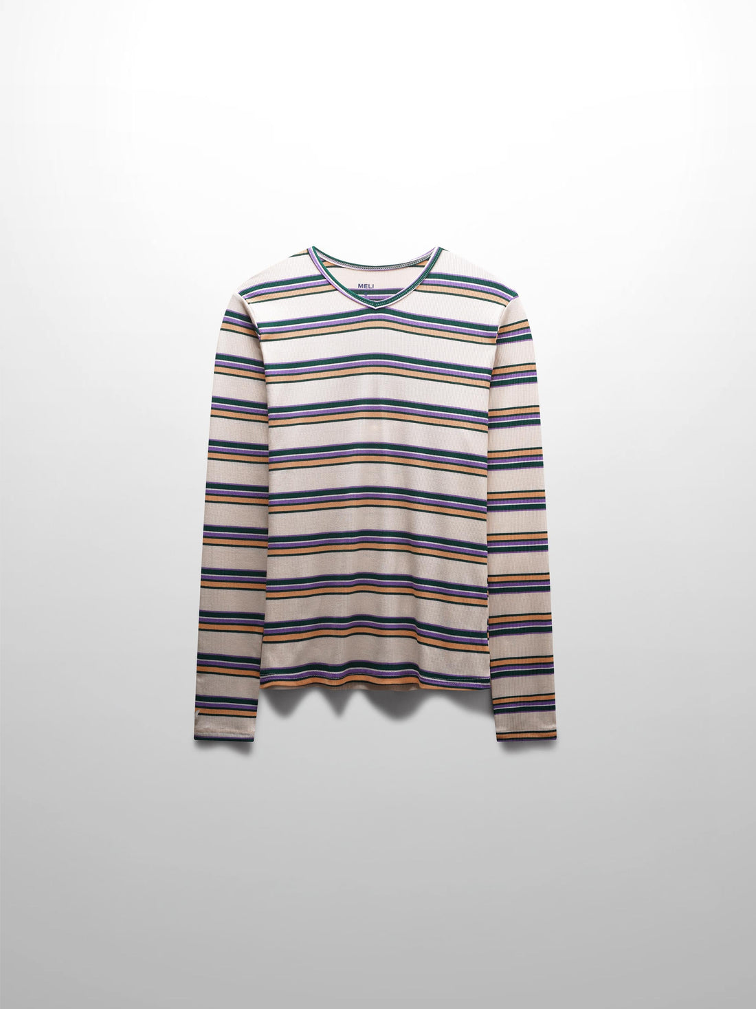 Ribbed Striped High V Tee Long Sleeve-Peach/Green
