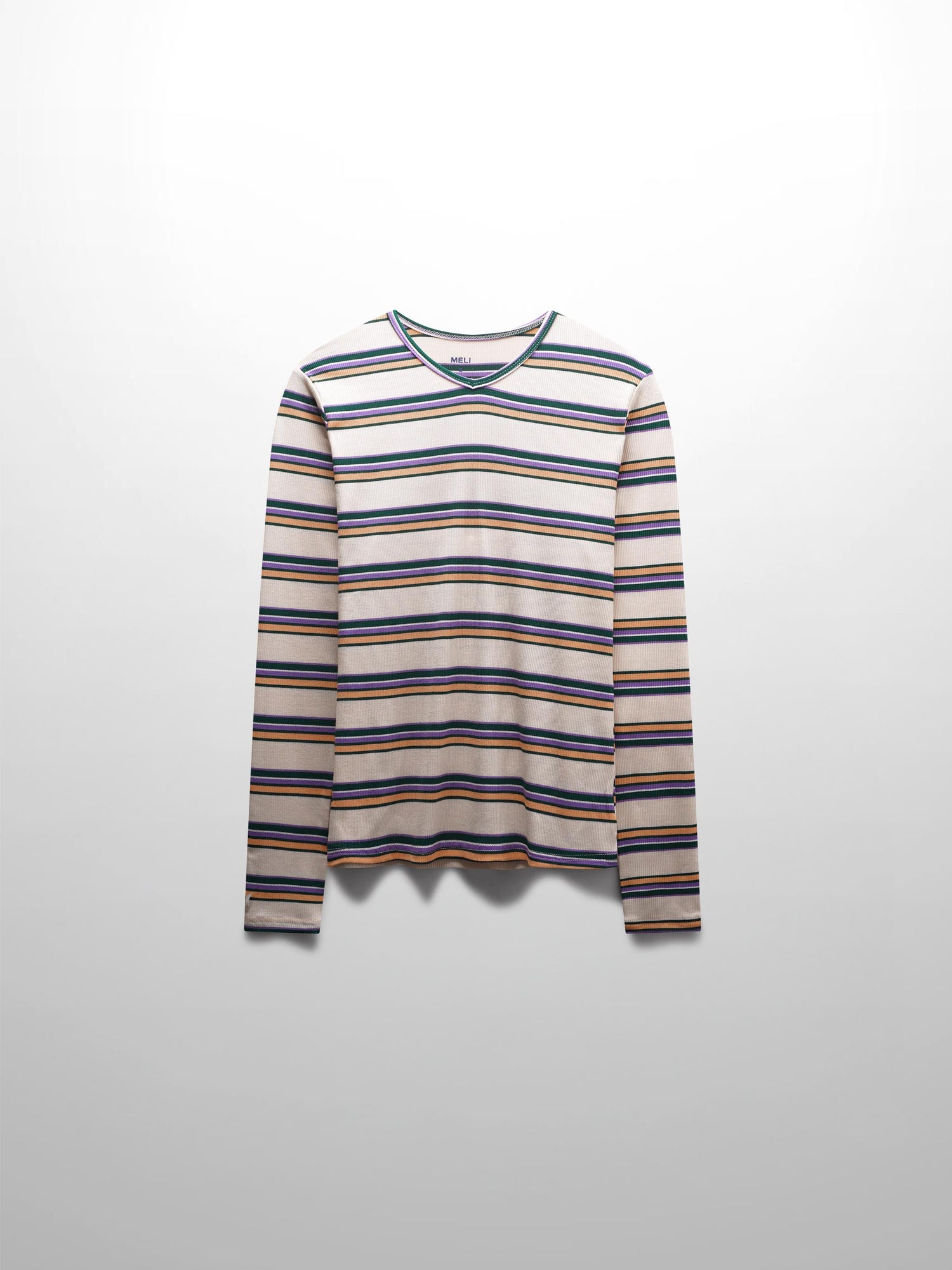 Ribbed Striped High V Tee Long Sleeve-Peach/Green