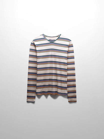 Ribbed Striped High V Tee Long Sleeve-Peach/Green