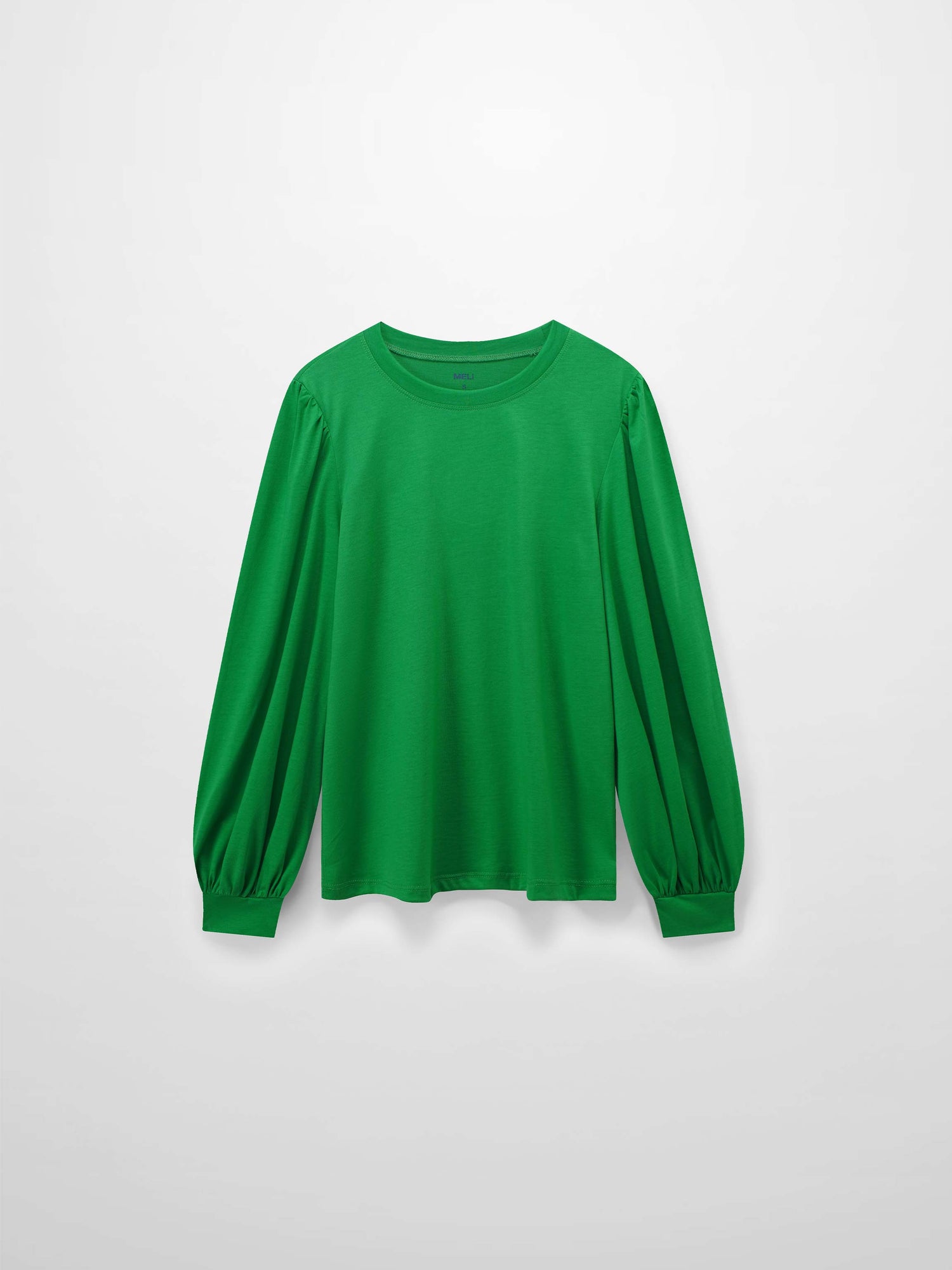 A full, front view of the vibrant green, long-sleeved shirt. It shows the puffed shoulders and voluminous sleeves that gather into fitted cuffs.