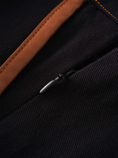 Leather Trim Denim Skirt-Black