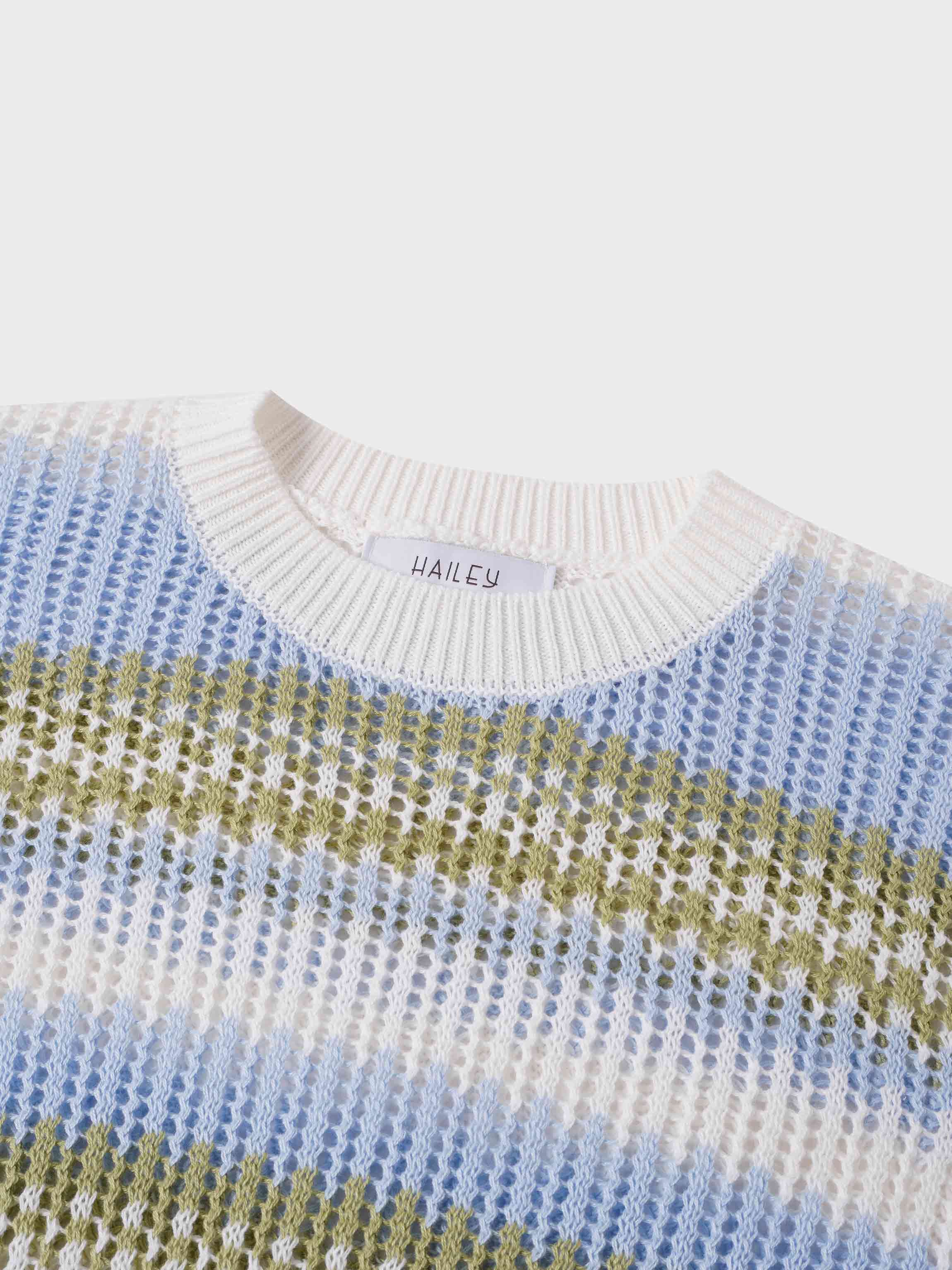 Mesh Striped Sweater-Light Blue/Lime Green