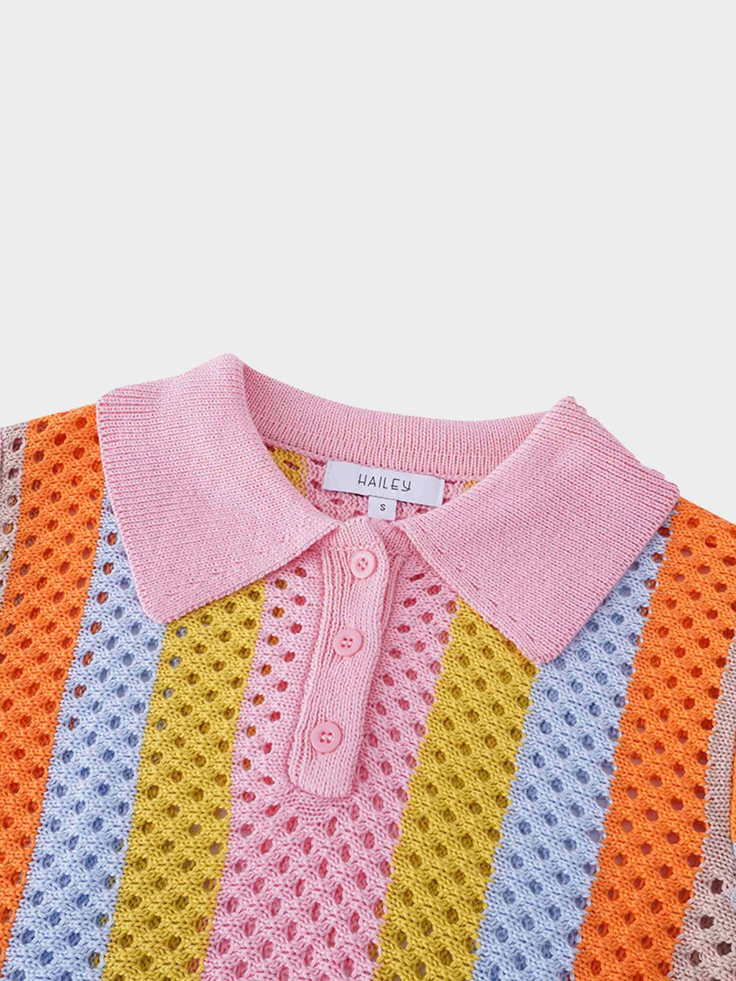 Mesh Striped Polo Sweater-Pink