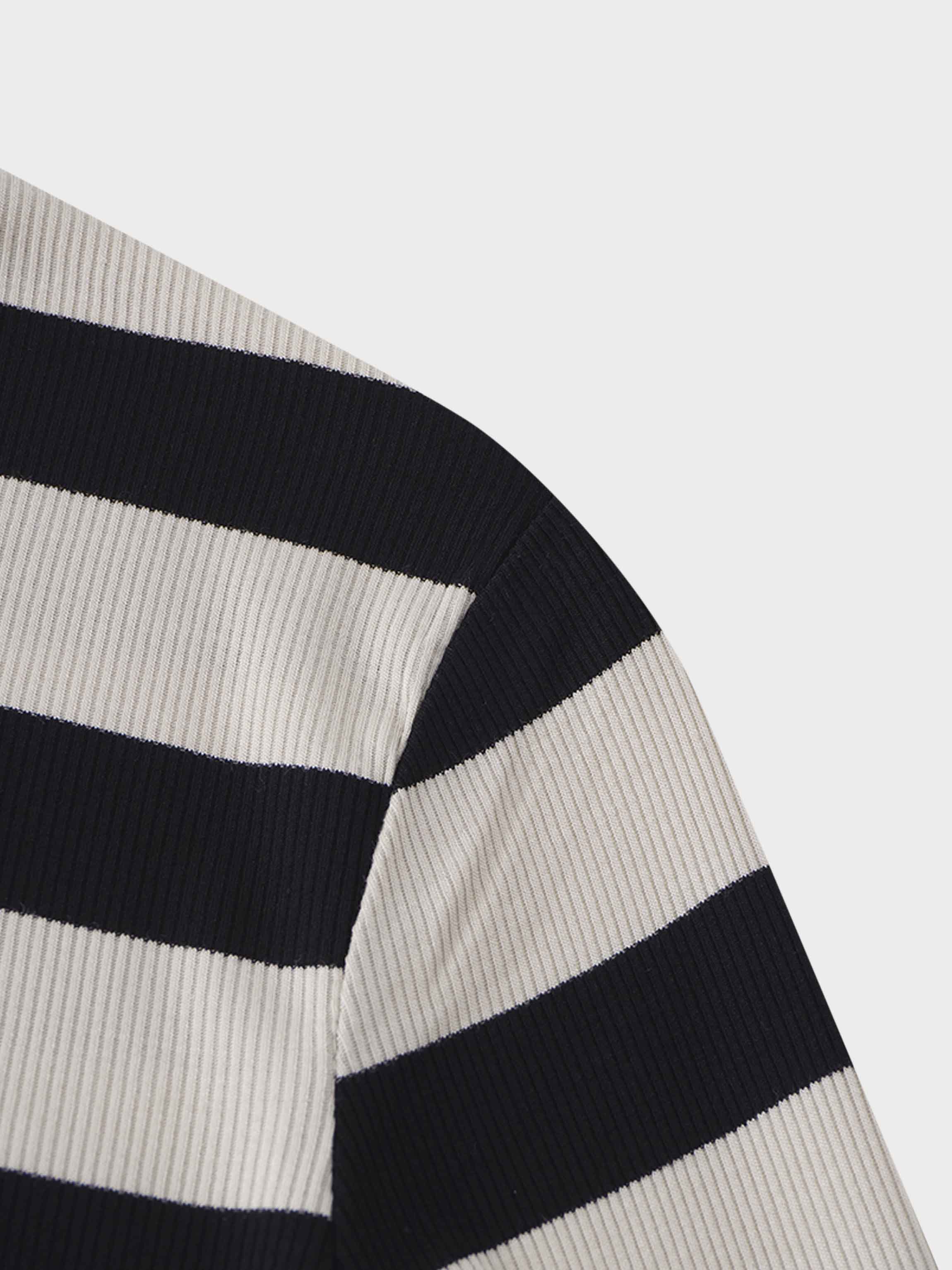 Ribbed Striped High V Tee Long Sleeve-Tan/Black