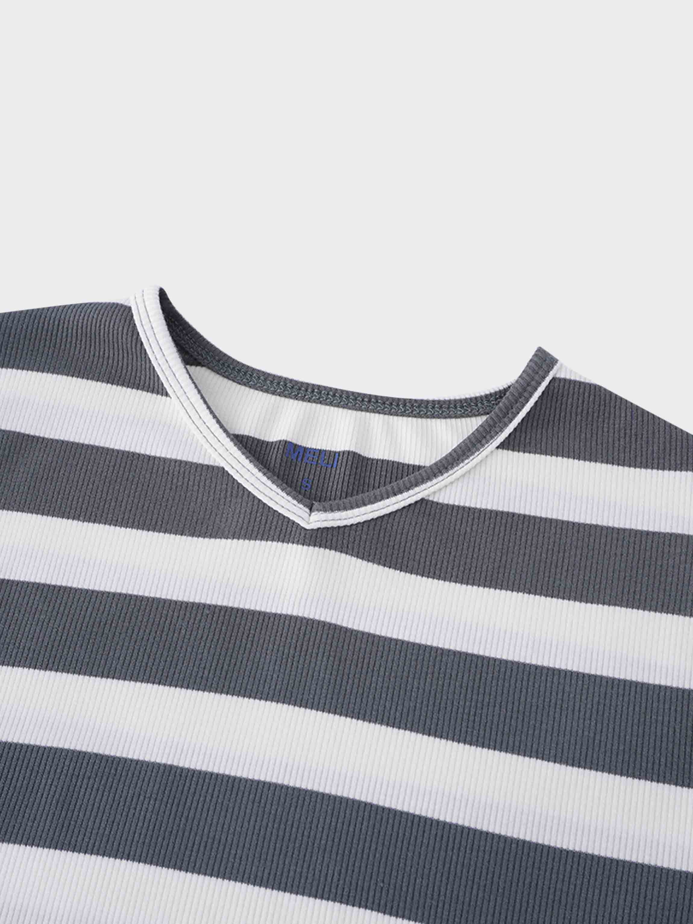 Ribbed Striped High V Tee Long Sleeve-Teal/Ivory