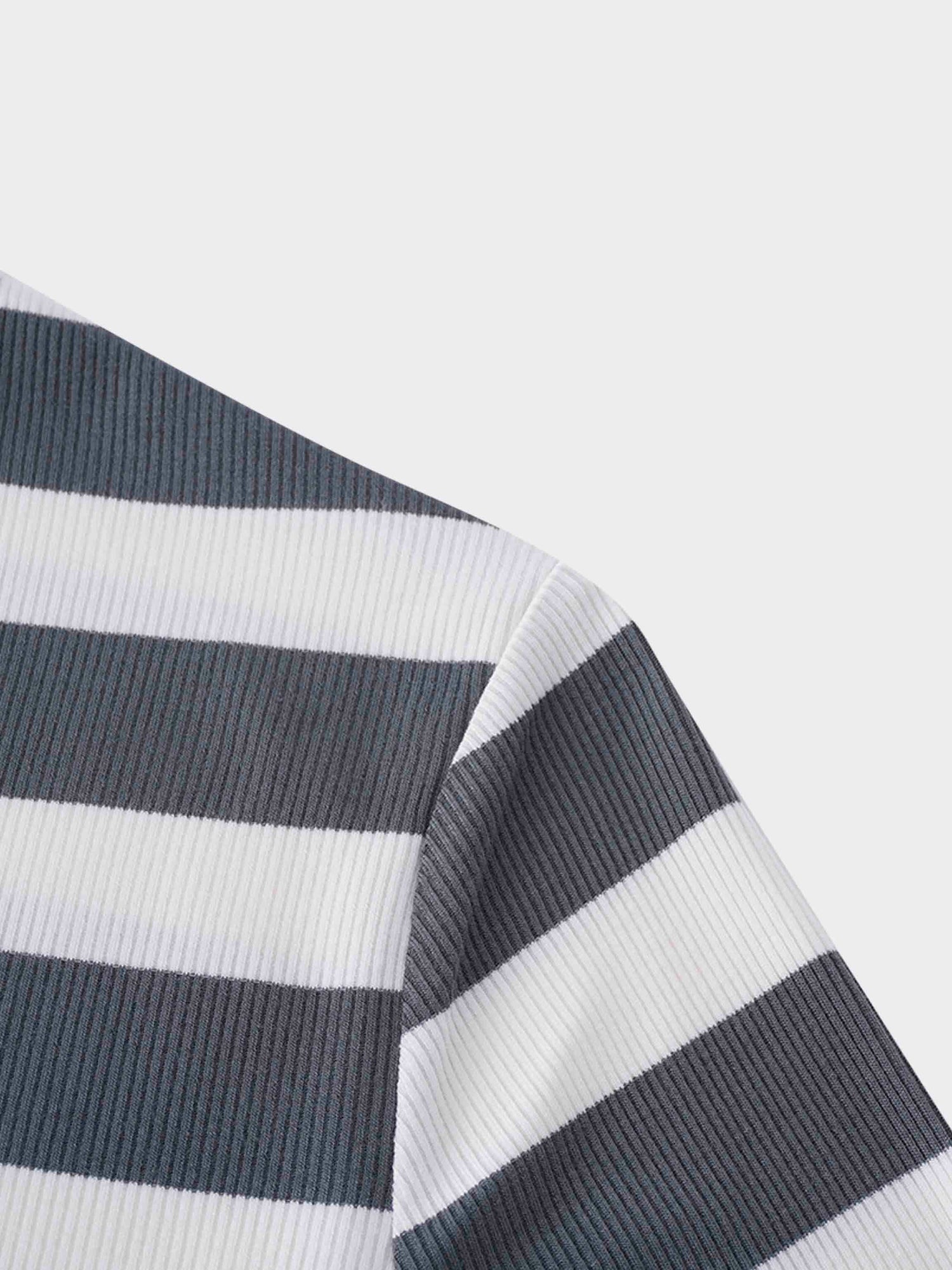 Ribbed Striped High V Tee Long Sleeve-Teal/Ivory