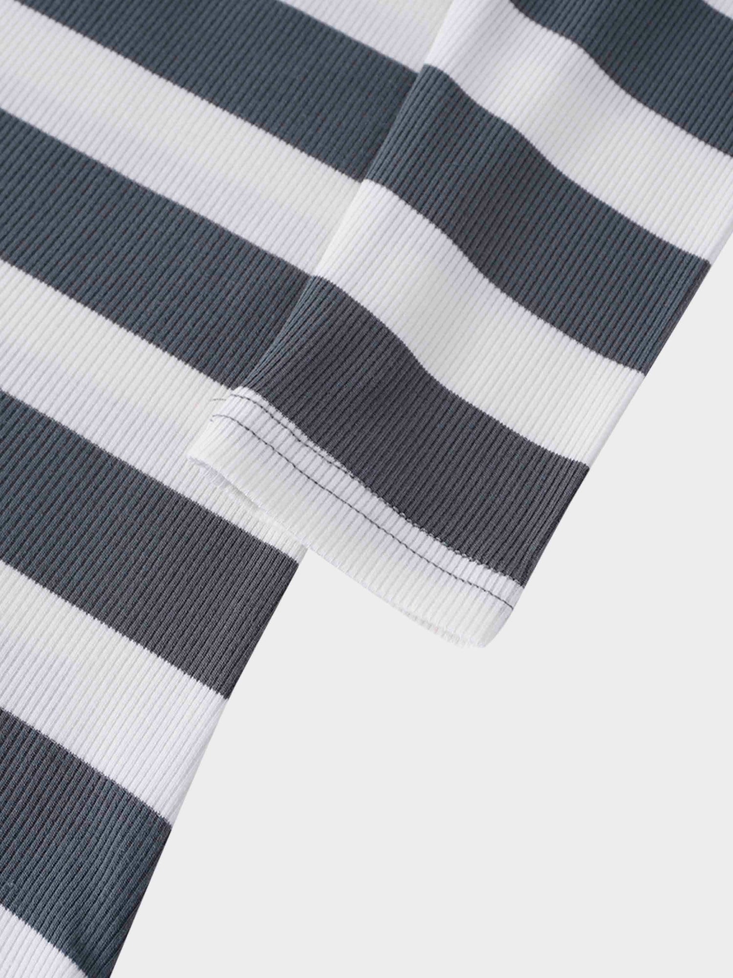 Ribbed Striped High V Tee Long Sleeve-Teal/Ivory