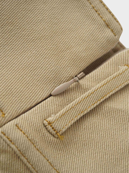 Stitched Tiered Belted Denim Skirt-Khaki