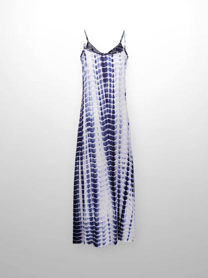 A-Line V Neck Slip Dress-Blue Tie Dye
