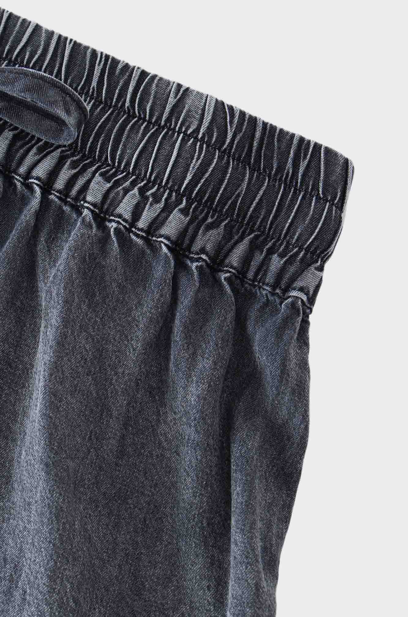 Washed Drawstring Denim Skirt-Black