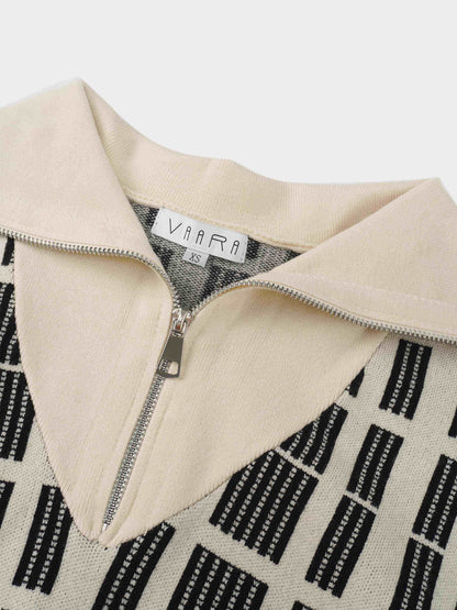 Half Zip Shawl Collar Sweater-Cream/Black