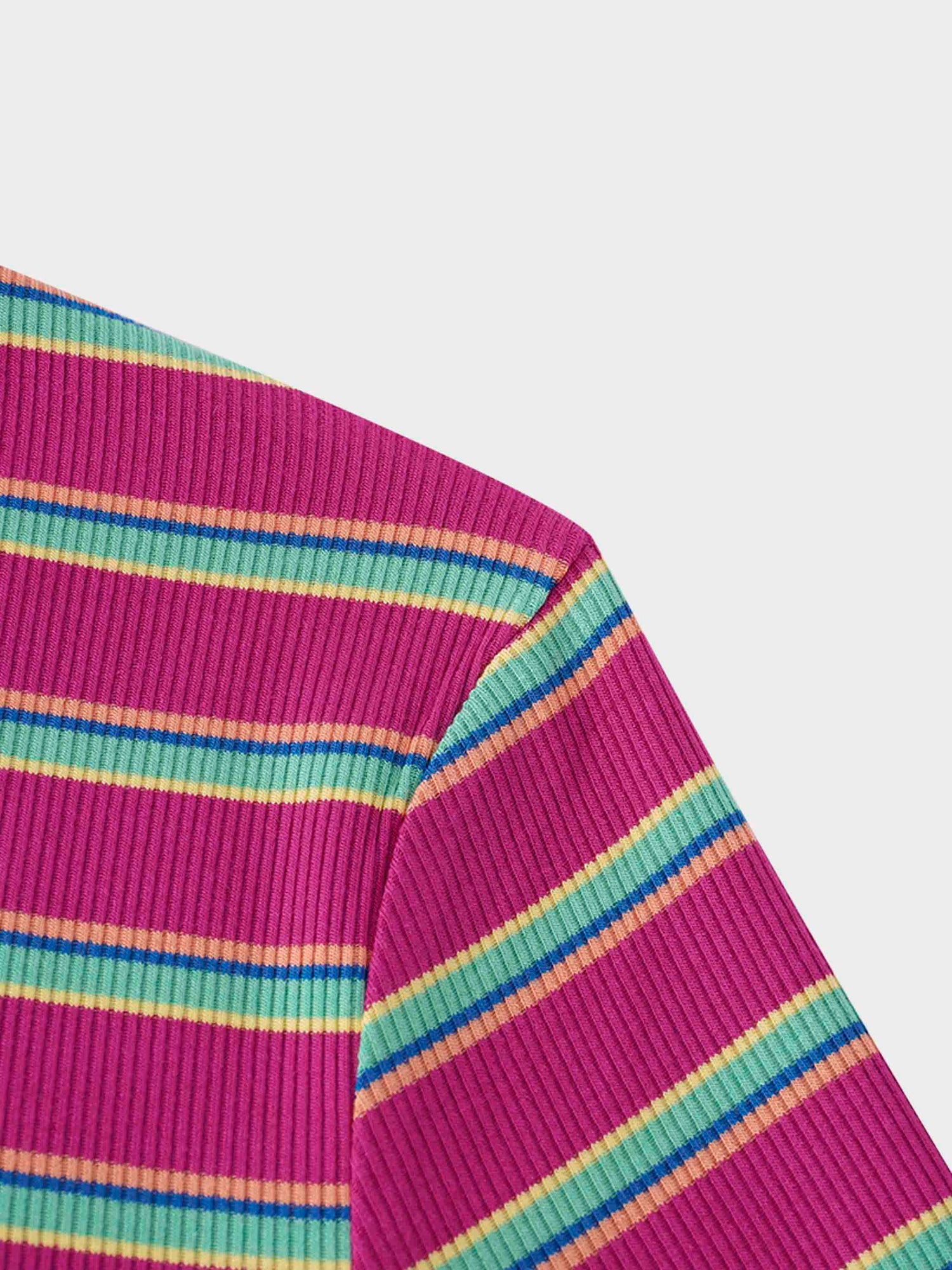 Ribbed Striped High V Tee Long Sleeve-Hot Pink