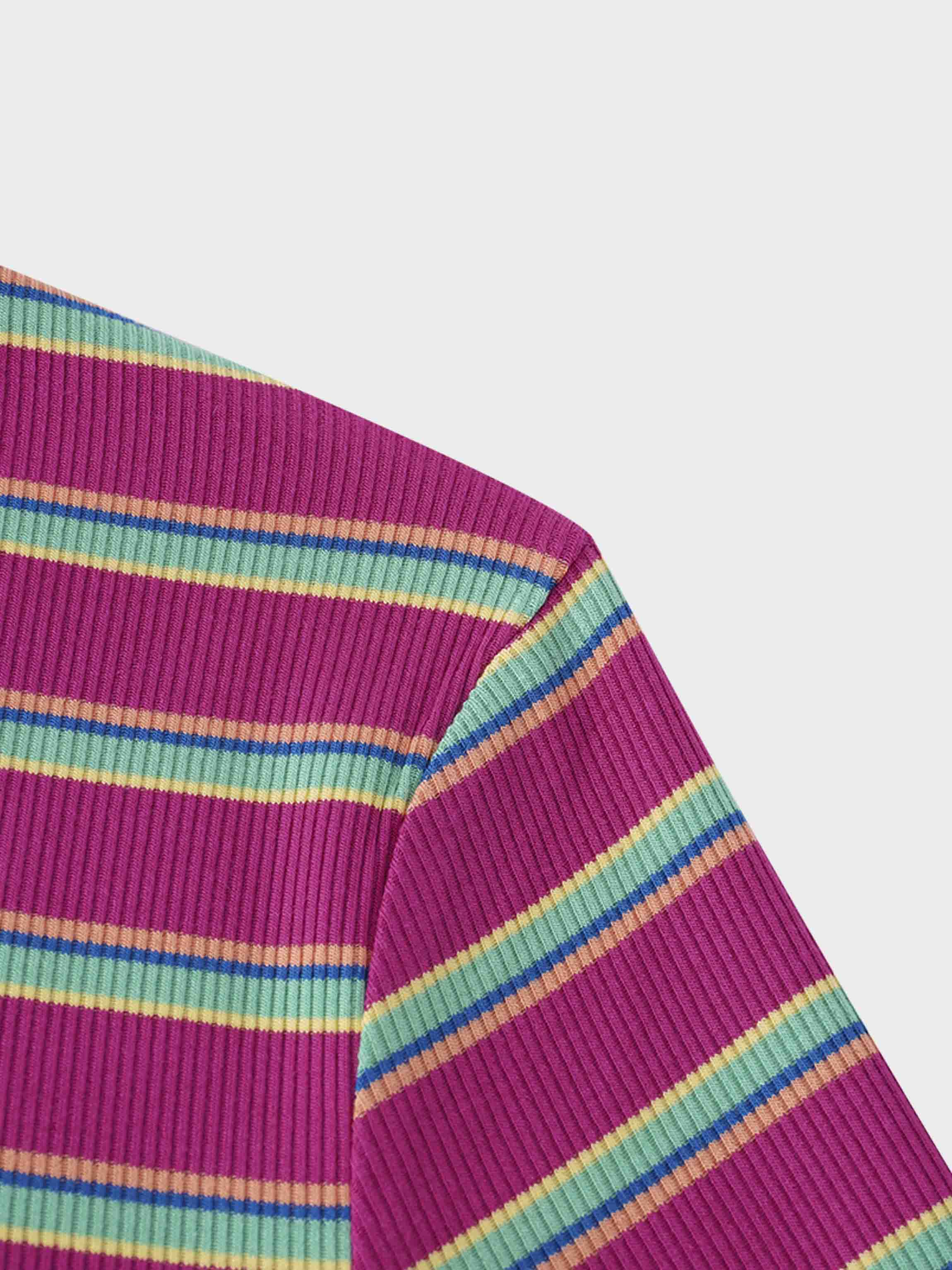 Ribbed Striped High V Tee Long Sleeve-Hot Pink