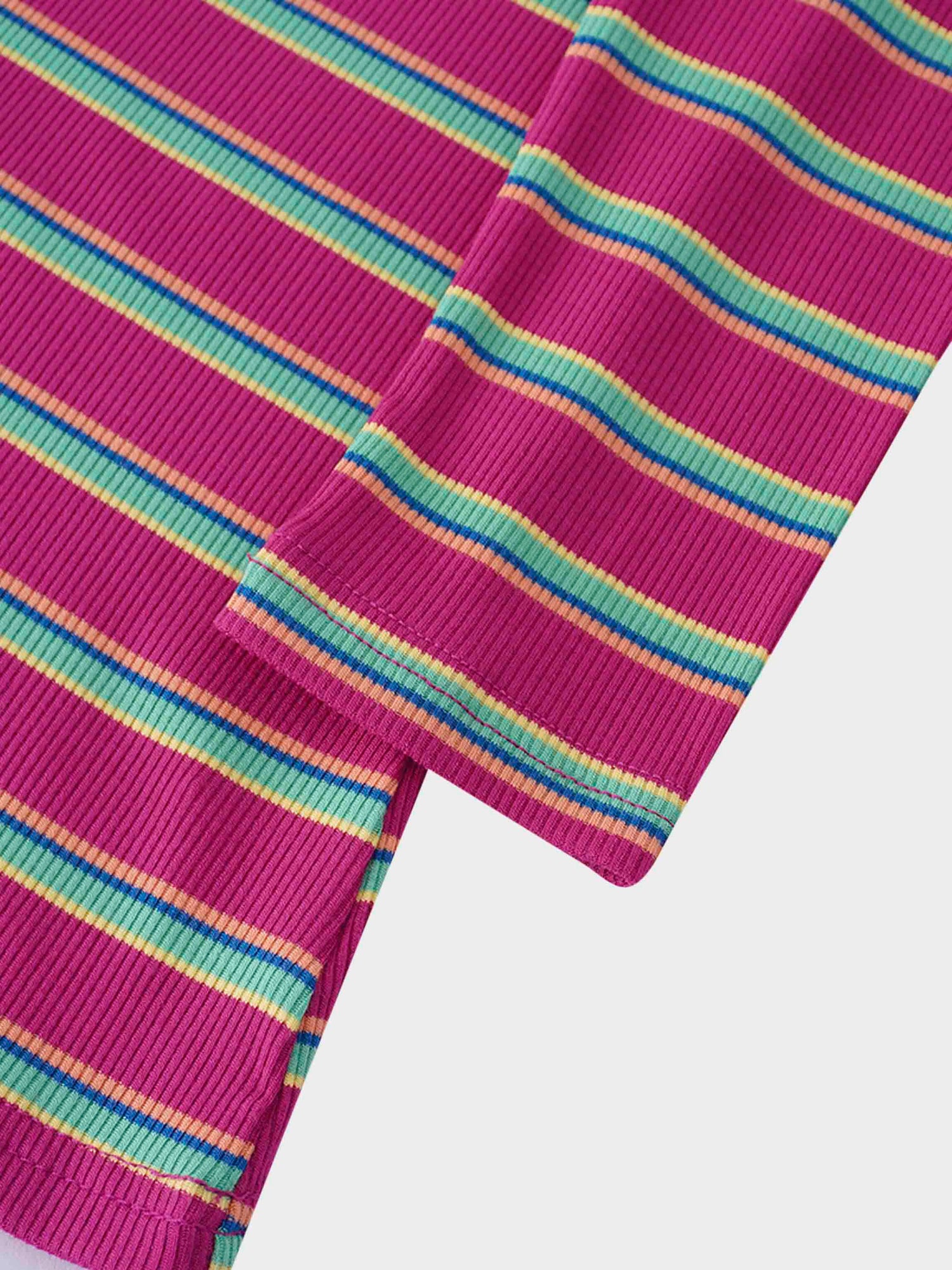 Ribbed Striped High V Tee Long Sleeve-Hot Pink