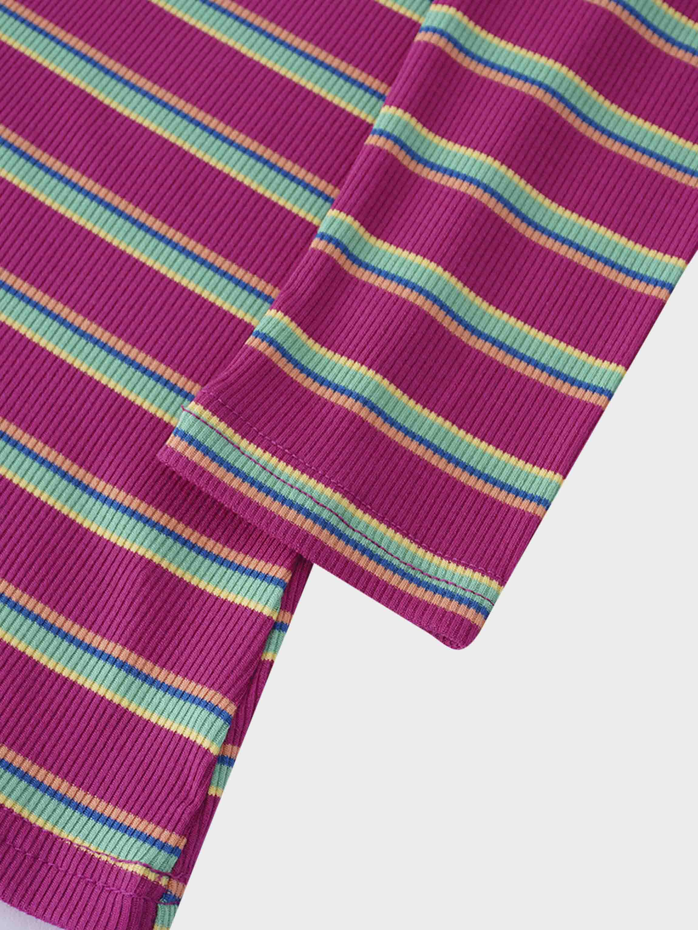 Ribbed Striped High V Tee Long Sleeve-Hot Pink