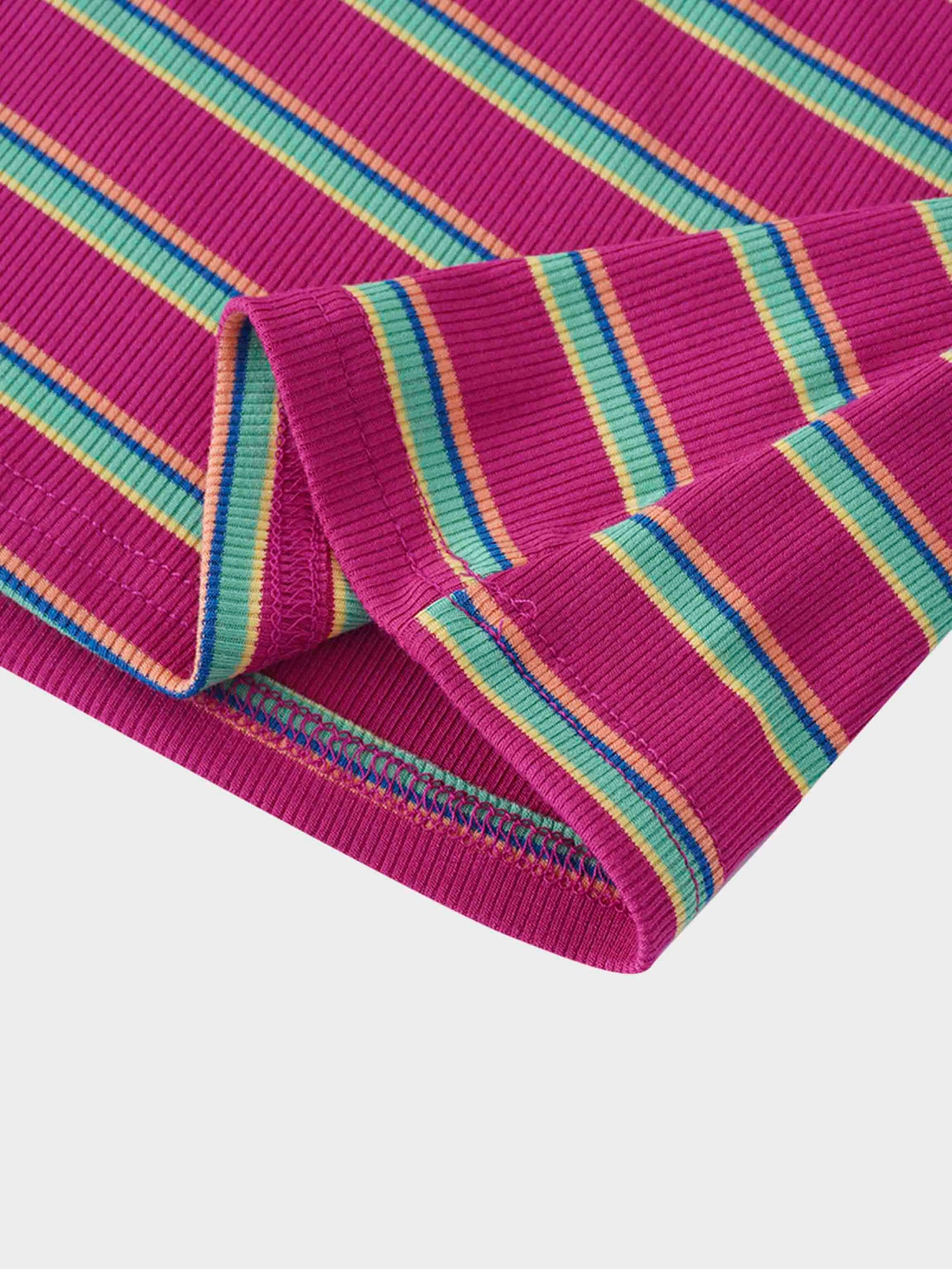 Ribbed Striped High V Tee Long Sleeve-Hot Pink